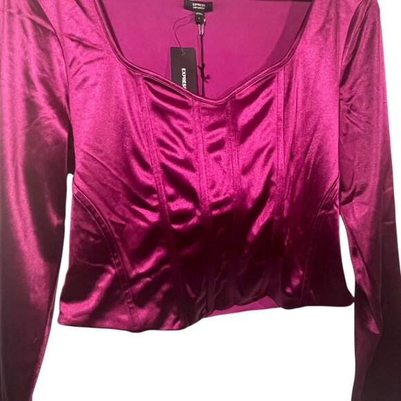 Express Body Contour Long Sleeve Satin Corset Top Magenta Pink Cropped L NWT - Picture 3 of 6